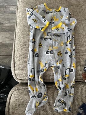 Carter's Gray & Yellow Construction Print Footed One-Piece